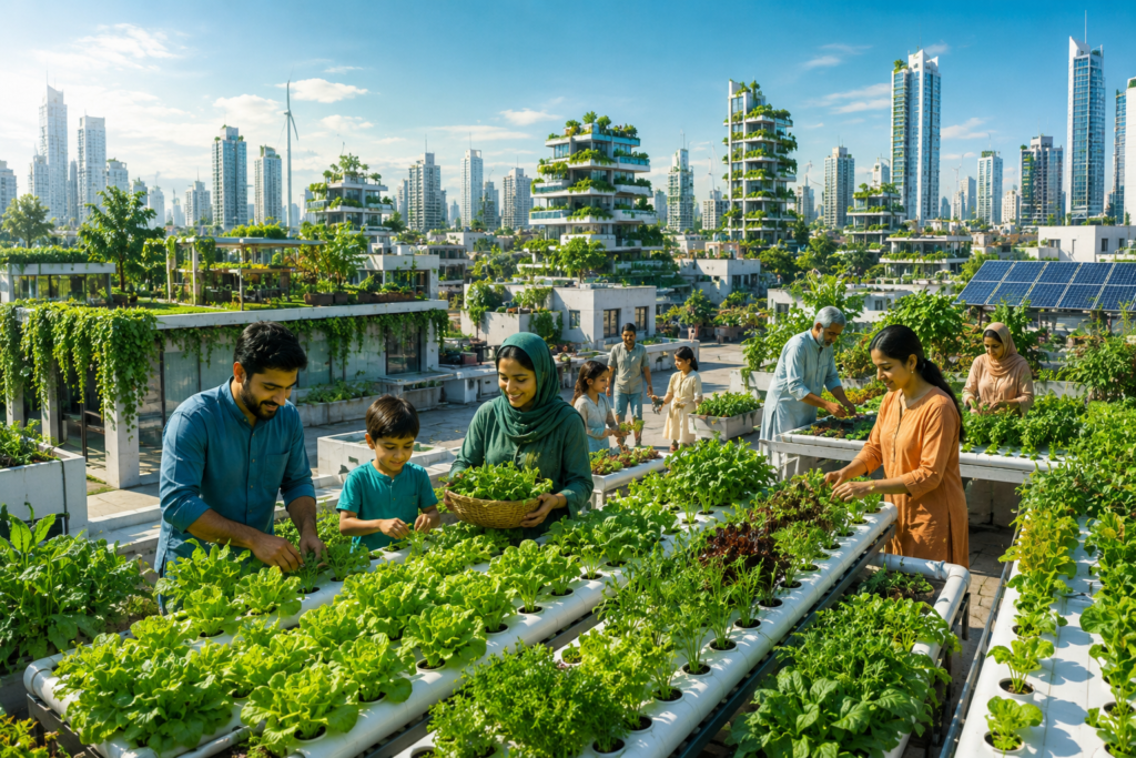 Community working on a sustainable rooftop garden